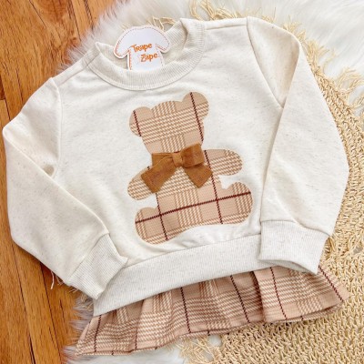 Conj. Casaco de Linho Ursinho de Laço e Calça Legging Xadrez - Areia e Marrom